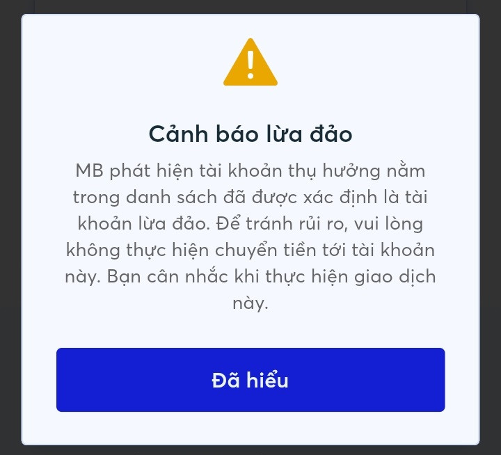 "Tính năng cảnh báo lừa đảo của MB xuất hiện khi khách hàng thực hiện chuyển khoản đến các tài khoản được xác định là đối tượng lừa đảo, giúp người dùng nhận biết và phòng tránh những giao dịch không an toàn."