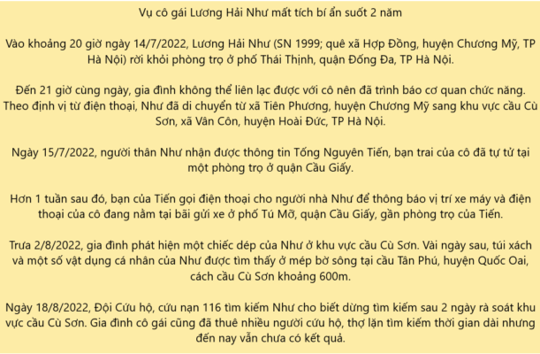 thông tin về Lương Hải Như mất Tích